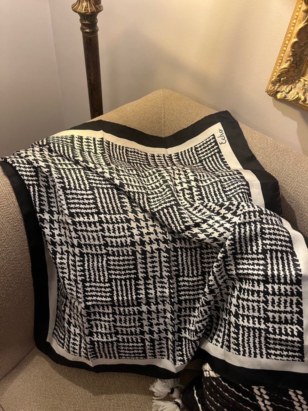 Echo Black and White Houndstooth Silk Scarf
